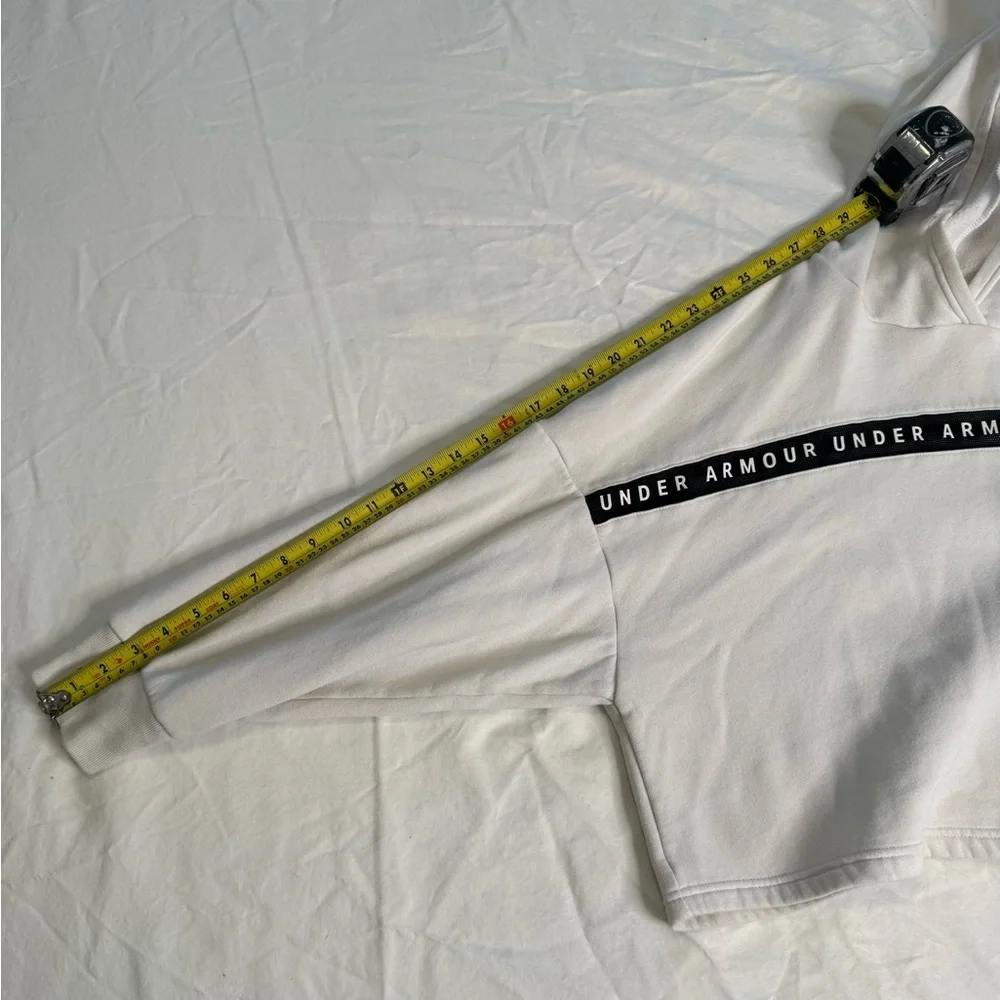Under Armour White Logo Tape Hoodie Loose Fit Women’s Medium Athleisure Fleece - Picture 11 of 12